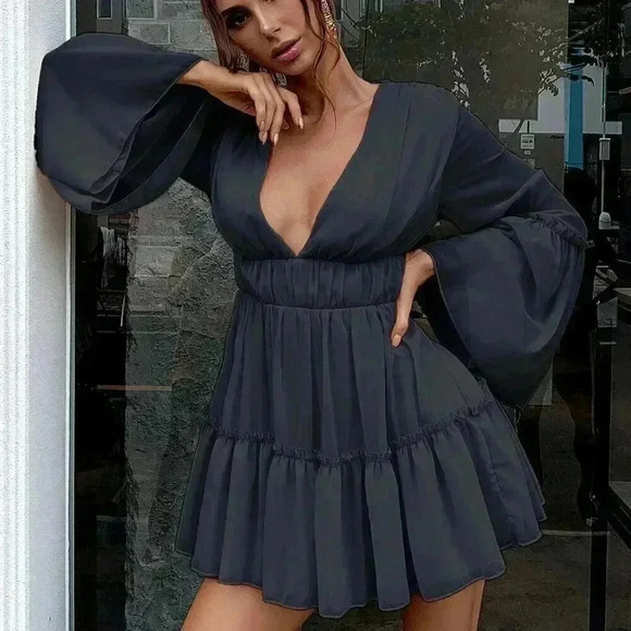 Black Sexy Women's Plunging Neck Frill Ruffle Hem Chiffon Dress - Picture 3 of 6